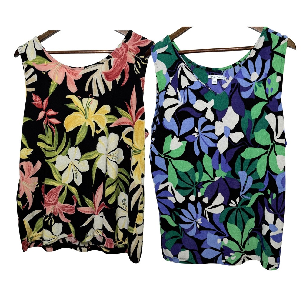 Chicos Womens Floral Tank Tops SET OF 2 Scoop/V Neck Reversible Sleeveless 4/XXL
